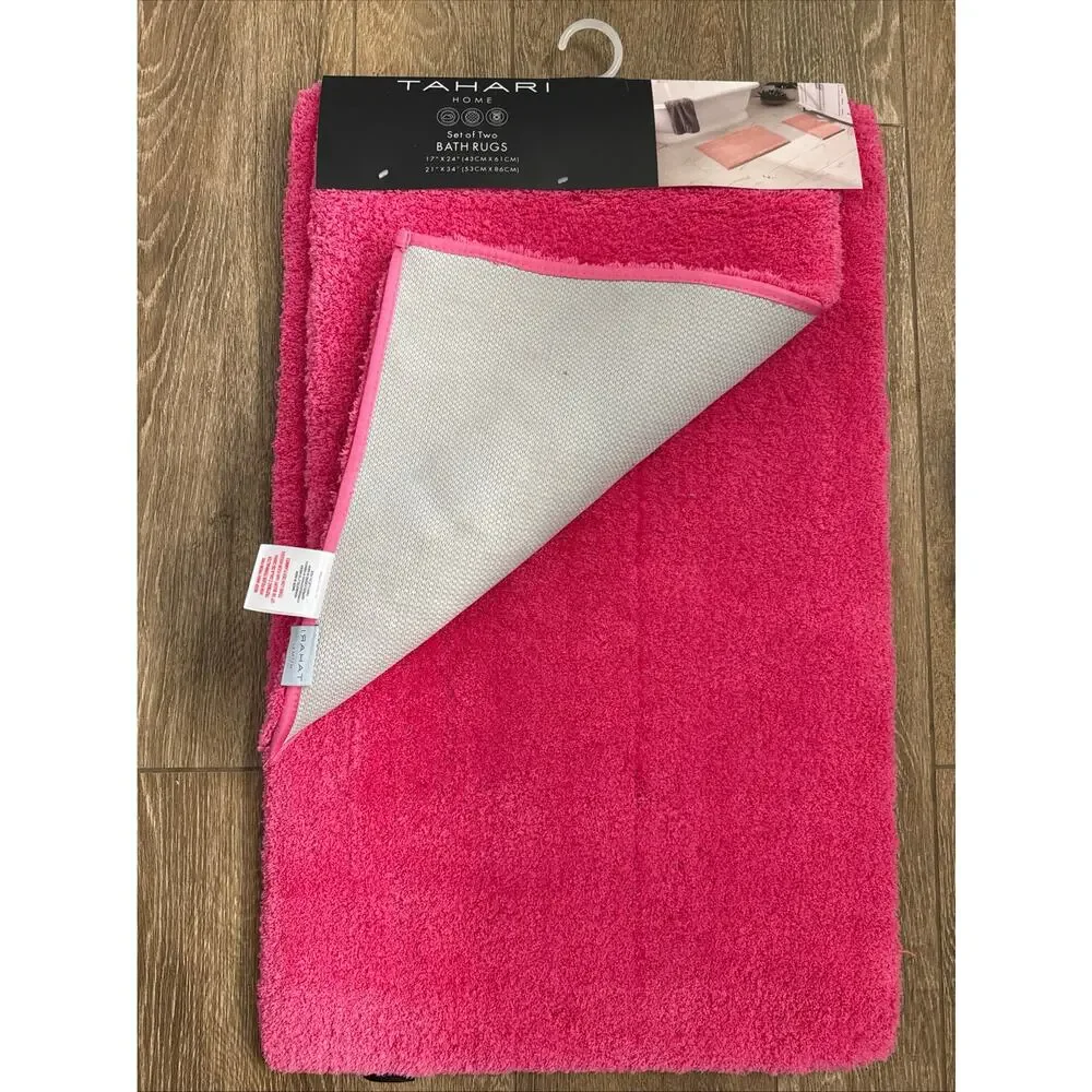SET of 2 HOT BRIGHT PINK Tahari Bathroom Rugs Bath Mat Drylon Plush Non-Slip Rug